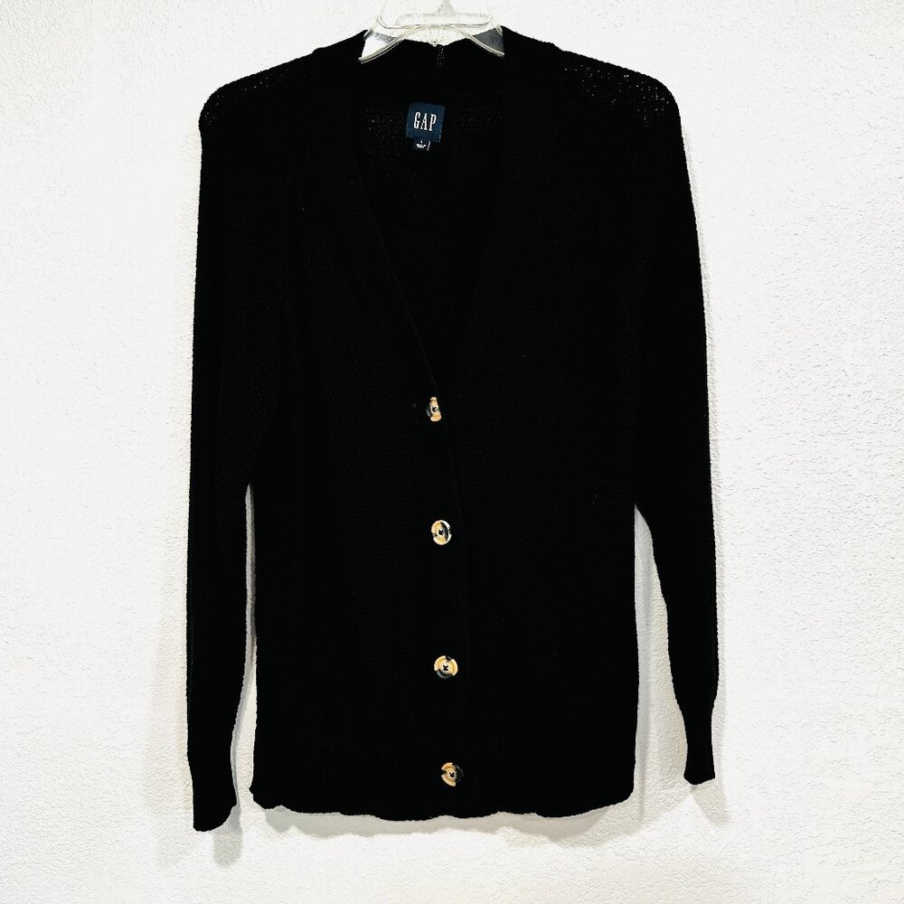 Gap Cardigan Sweater Black V-Neck Textured Knit Long Sleeves Womens Size Large